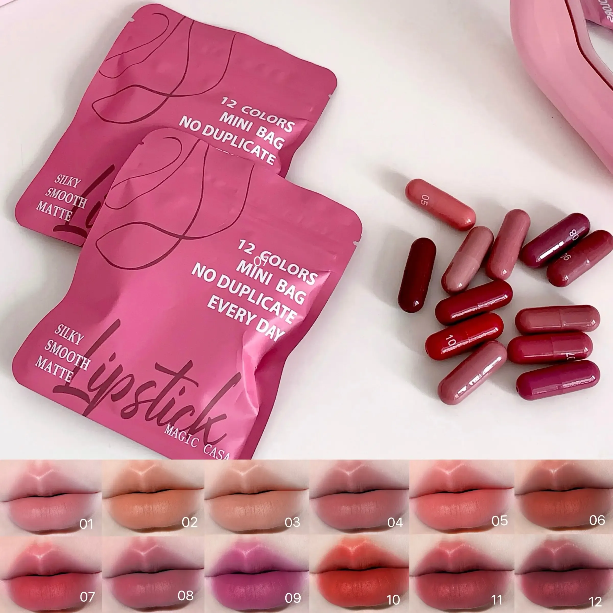 12-Color Capsule Lipstick Set - Natural, Long-Lasting, Non-Stick Cup | Mini Compact Matte Lipsticks