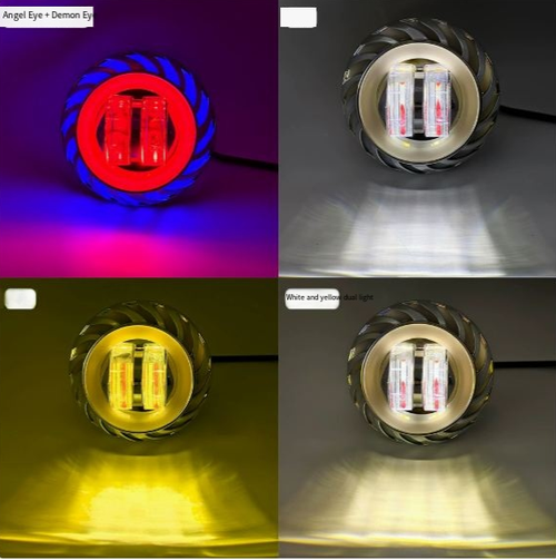 Motorcycle and electric vehicle LED angel eye and demon eye headlights, super bright yellow and white strobe headlights, built-in spotlights, modified motorcycle and electric vehicle LED angel eye headlights, built-in demon eye headlights, yellow and white dual-color strobe headlights, super bright LED angel eye and demon eye headlights, universal for motorcycles and electric vehicles, built-in headlight modification accessories.