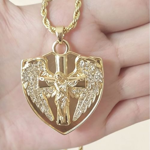 Diamond-accented angel wing and Jesus cross shield pendant
