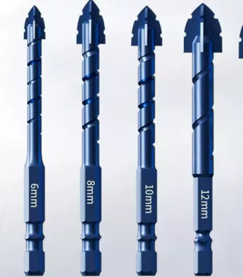Five-piece set of blue sharp-tooth drill bits for upgrading ceramic dry drilling of tiles, glass, marble, concrete, and stainless steel.