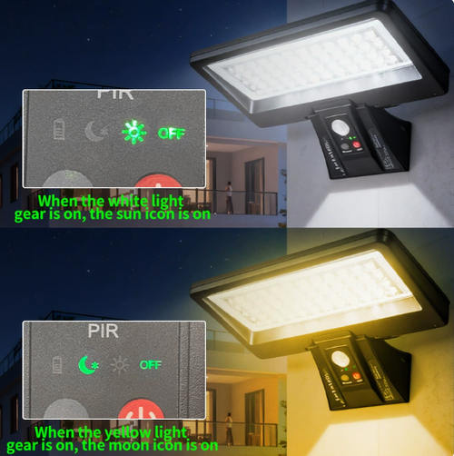 Solar-powered outdoor wall light with remote control, featuring smart light and motion sensors—ideal for courtyards and patios.