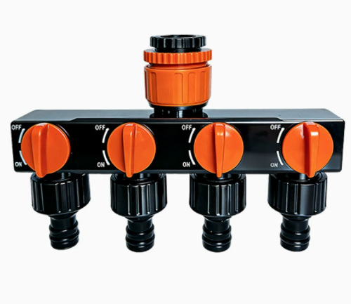 Water flow splitter, 1-to-4 splitter with valve switch, garden faucet connector, nipple-type water pipe fitting