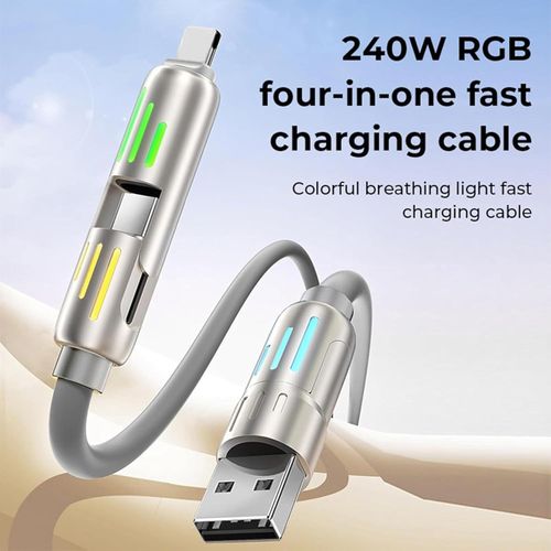 4 in1 Multi Charger Cable, PD 240W with Dual USB-C & USB-A Ports | 1.5m, Metal Ports with Breathing Light Compatible with iPhon14,16 Android Samsung Galaxy MacBook iPad Android devices (Black)
