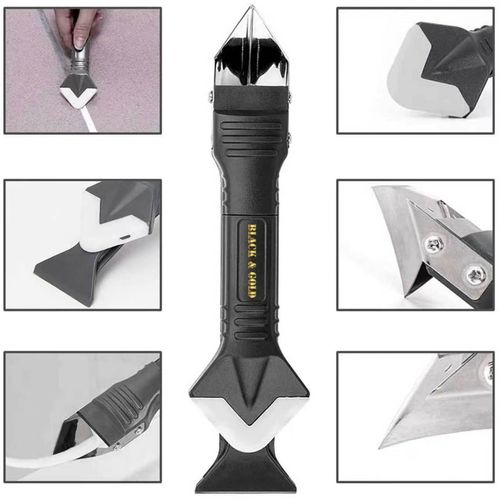 3-in-1 silicone curing grout tool with stainless steel head, sealant cleaner, grouting tool, scraper, and glue scraper.
