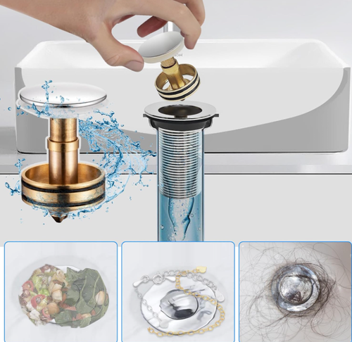 Bathroom Sink Drain Pipe Kit,Bathroom Sink Drain with Strainer Basket Hair Catcher and pop-up Stopper Flexible Sink Drain Pipe P-Trap