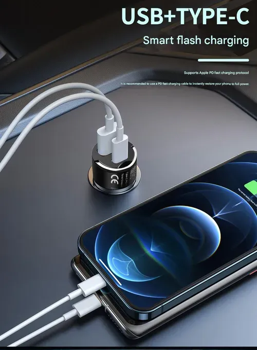 Hidden mini car charging, with folding ring, small and portable, plug in the cigarette lighter is basically flat, support double interface at the same time fast charging!