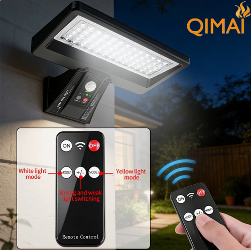 Solar-powered outdoor wall light with remote control, featuring smart light and motion sensors—ideal for courtyards and patios.