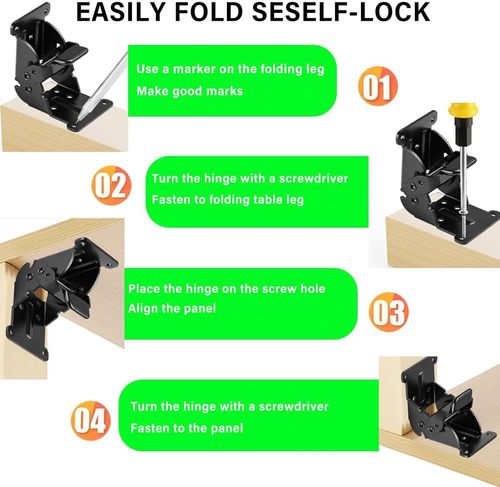 Heavy Duty Folding Table Hinges 90° Self-Locking, 0-180° Adjustable Leg Brackets for Foldable Desk Workbench - Cold Rolled Steel with Screws​(Black)