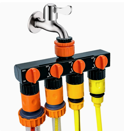 Water flow splitter, 1-to-4 splitter with valve switch, garden faucet connector, nipple-type water pipe fitting