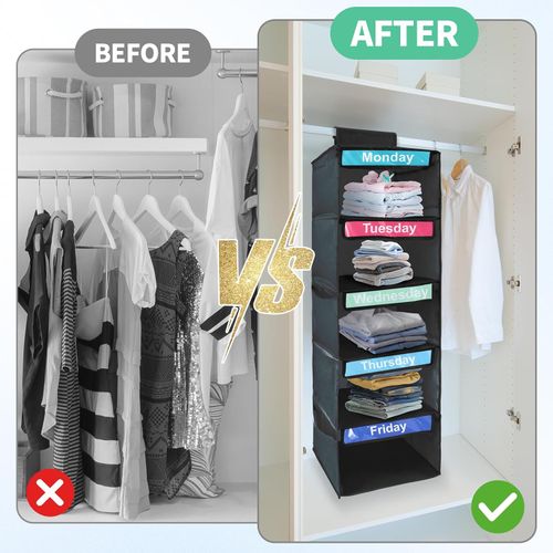 5-Shelf Weekly Clothes Organizer for Kids,Day of the Week Clothes Organizer,Dividers School Clothes Organizer Day of Week,Dorm Room Essential Daily Shelf Hanging Closet Organizer with 6 Side Pockets