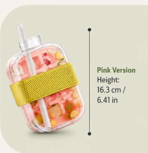 2 in 1 Ice Cube Bottle with Straw,Portable Ice Cube Tray Built in Ice Mold Cup,Press to Release Touch Free Ice Tray Leak Proof Lid for Outdoor Office Travel Home Essential (Pink, 17 OZ)