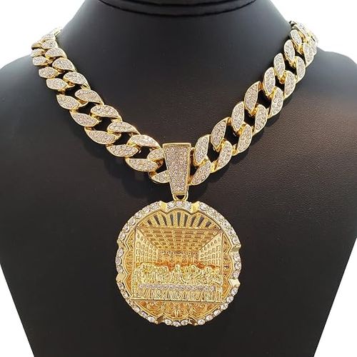 Hip Hop Iced Last Supper Pendant w  20  Full Iced Cuban Choker Chain Necklace Set
