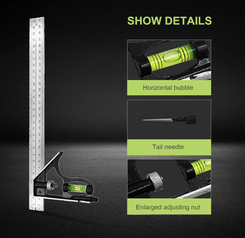 300mm 12 in Precise Stainless Steel Adjustable Sliding Combination Square Set Right Angle Ruler Adjustable Leveled Square Head Right Angle Ruler