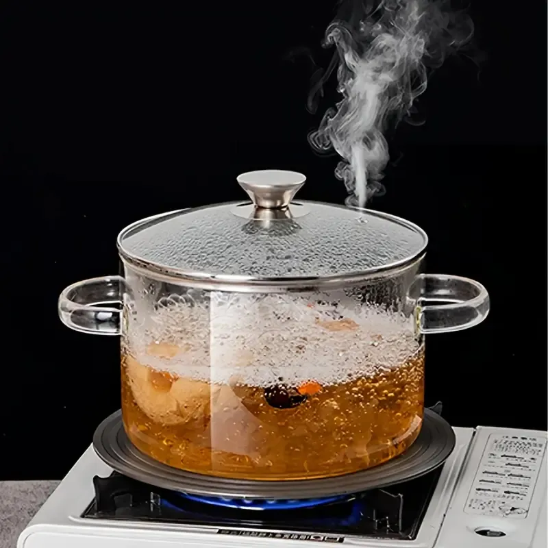 Glass casserole dish for cooking, made of high borosilicate glass, with lid and handle. This heat-resistant glass cooking pot is suitable for pasta, soup, milk, and other foods, and is safe for use in the refrigerator and microwave.