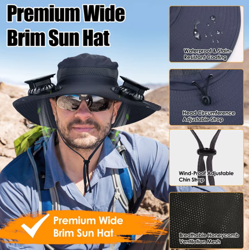 Outdoor Wide Brim Sun Hat with 2 Solar Fan 3 Wind Speeds Sun Bucket Hat for Men Women UPF 50+ Breathable Waterproof Nylon Mesh Solar Fan Hat Green Graffiti