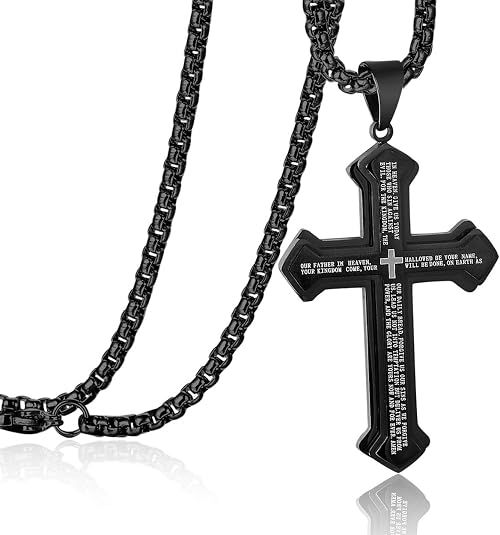 Men's Stainless Steel Nail Lord's Prayer Cross Pendant Necklace for Men | Large Pendant and Strong 24 Inch Chain