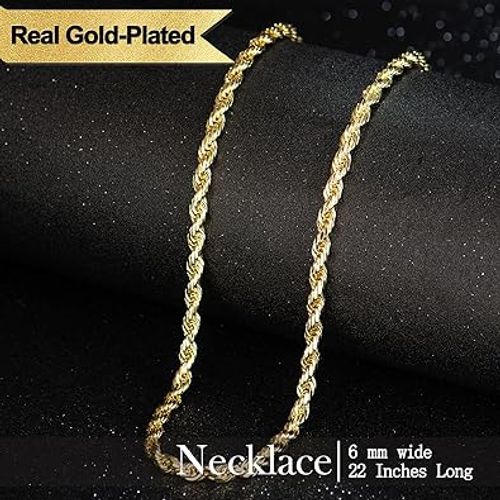Gold-Plated Rope Chain Necklace, 24 Inches, 7mm Width, Facet Design, Secure Clasp, Unisex, Ideal Gift for Men & Fashion Lovers