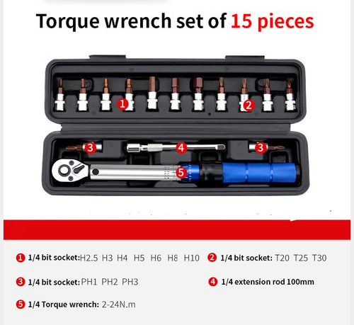 High-Precision Preset 1 4 Torque Wrench Set  Specialized for Bicycle Repair. Features a Fine-Tooth Adjustable Ratchet Mechanism. A Compact, Essential Tool Kit for Bike Maintenance. 1 4 Drive Torque Wrench Set High-Accuracy, Preset, and Adjustable Ratchet  Ideal for Both Bicycle and Automotive Repair.