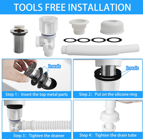 Bathroom Sink Drain Pipe Kit,Bathroom Sink Drain with Strainer Basket Hair Catcher and pop-up Stopper Flexible Sink Drain Pipe P-Trap
