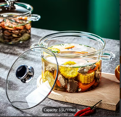 Glass casserole dish for cooking, made of high borosilicate glass, with lid and handle. This heat-resistant glass cooking pot is suitable for pasta, soup, milk, and other foods, and is safe for use in the refrigerator and microwave.