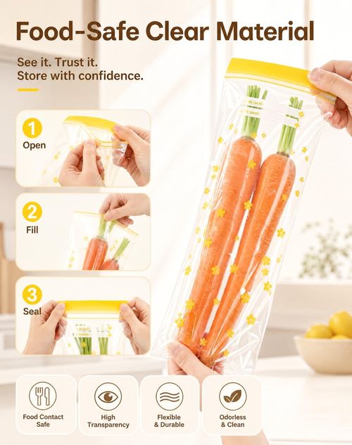Thickened, elongated, self-sealing bags for kitchen use—suitable for freezing or refrigerating items like scallions.
