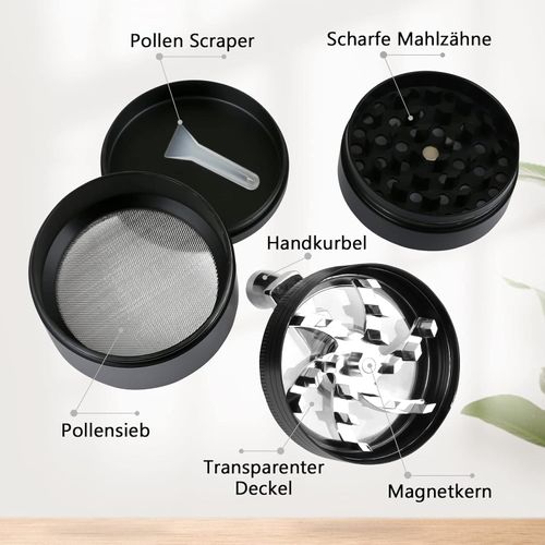 Grinder Crusher Pollen Herb Mill with Hand Crank for Dried Herbs Spice Spices Herb Made of Zinc Alloy 4-Piece Set with Pollen Scraper Black