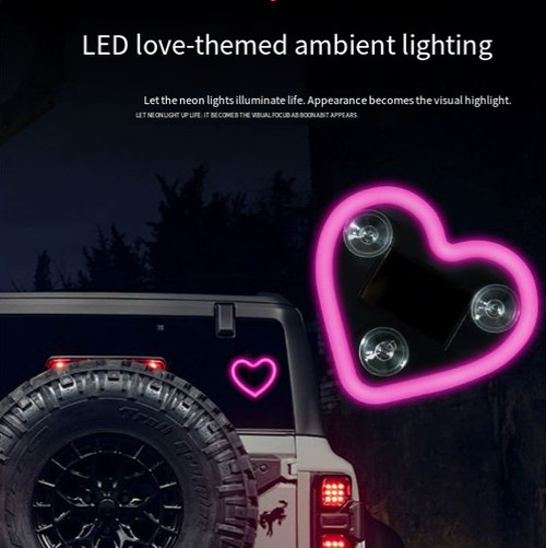 Solar-powered heart-shaped ambient light for car quarter windows – interior decorative neon heart light