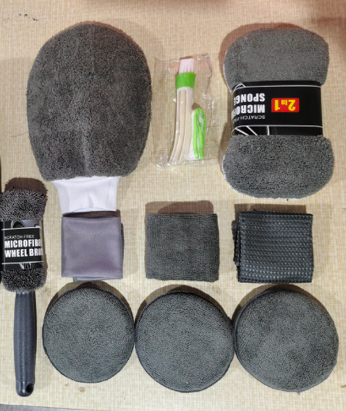 Car detailing and cleaning 9-piece set: car cleaning towels, household car wash gloves, rags, waxing sponge, wheel brush