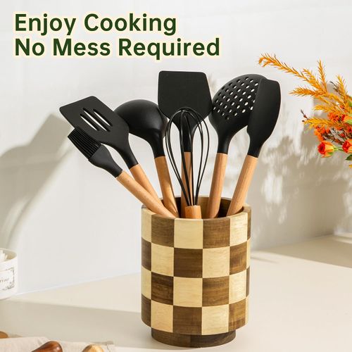 Wooden Utensil Holder, 360° Rotating Wood Kitchen Utensil Holder for Countertop, Large Utensil Holder for Kitchen