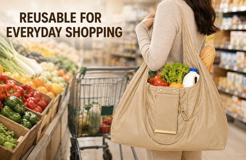 Reusable Foldable Tote Handbag for Women with Zipper Pouch and Metal Clips, Compact Shopping Bag for Travel, Office & Everyday Carry
