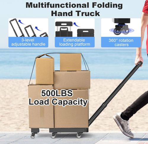 Folding Hand Truck, 500 LBS Heavy Duty Foldable Dolly Cart with Wheels, Telescoping Handle & 2 Elastic Ropes, Portable Luggage Cart for Moving, Travel, Home, Black Red