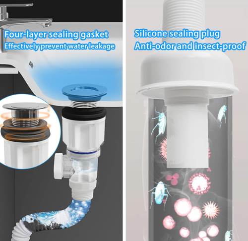 Bathroom Sink Drain Pipe Kit,Bathroom Sink Drain with Strainer Basket Hair Catcher and pop-up Stopper Flexible Sink Drain Pipe P-Trap