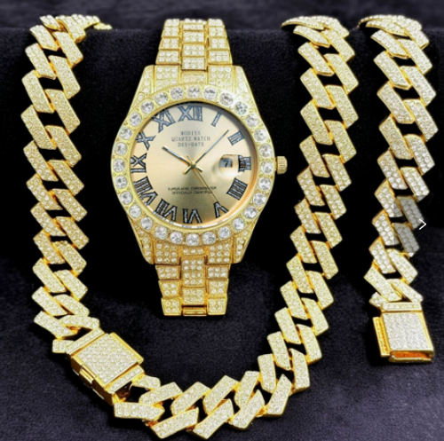 Multiple styles of diamond-encrusted watches, diamond-patterned Cuban bracelets and necklaces, three-piece watch sets