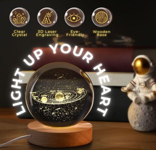 3D Solar System Crystal Ball Night Light   LED Light Hologram Glass Lamp with Solid Wood Base, USB Powered Crystal Ball Lamp w Adjustable Brightness for Home Decor Display Gift,2.4inch