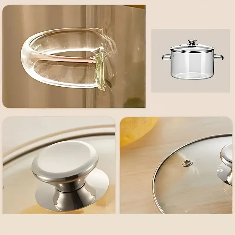 Glass casserole dish for cooking, made of high borosilicate glass, with lid and handle. This heat-resistant glass cooking pot is suitable for pasta, soup, milk, and other foods, and is safe for use in the refrigerator and microwave.