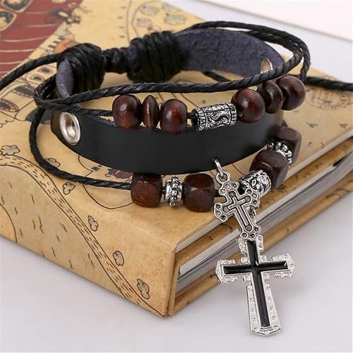 Handmade Leather Bracelets Set for Men and Women Vintage Cross Beaded Braided Black Punk Adjustable Wrap Cuff Bracelet