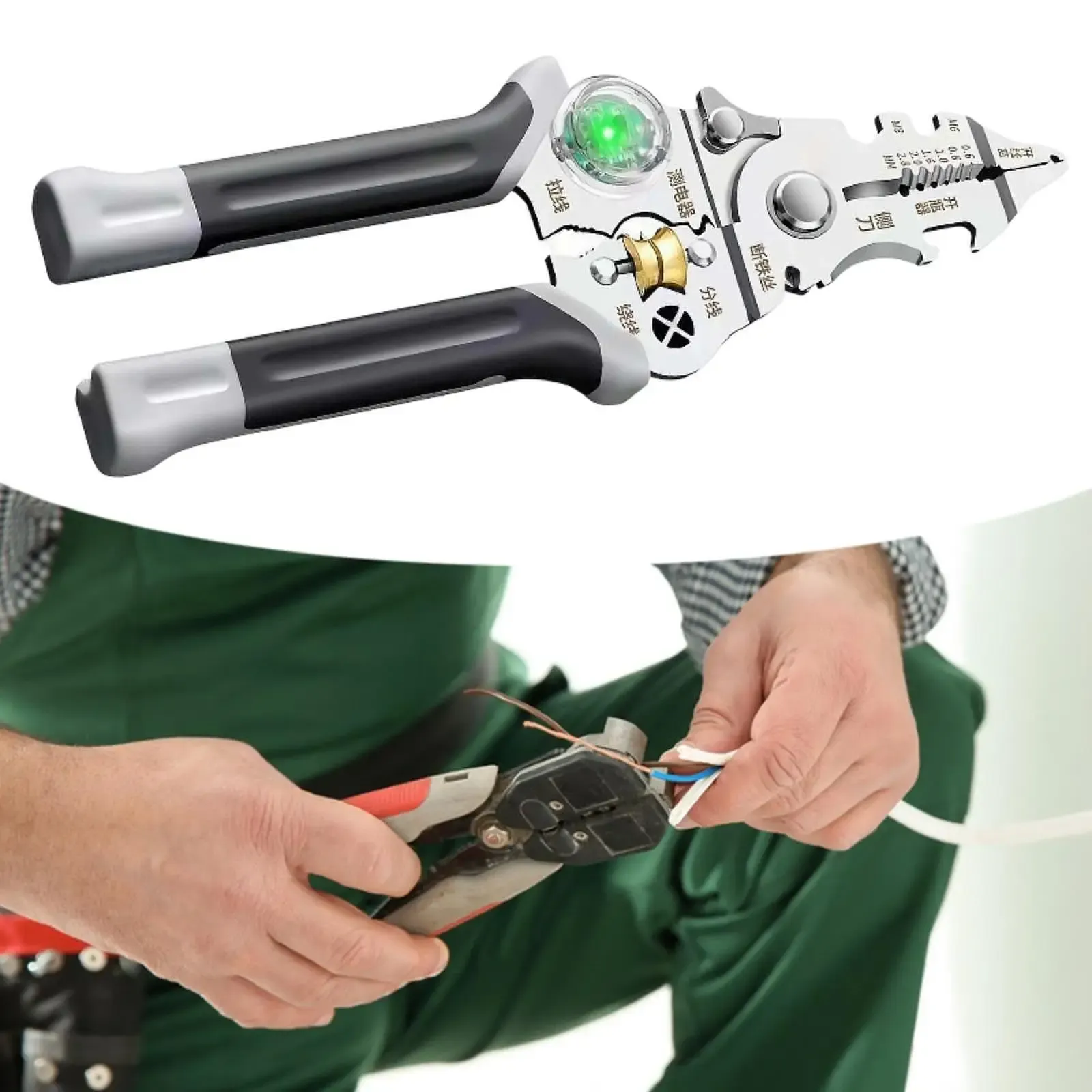 10 in 1 Wire Stripper Pliers with Voltage Tester, Multifunctional Wire Stripping Tool,Portable 0.6-2.8mm Cable Stripper Cutter Tool with Non-Slip Grip,Electrician Wire Cutting Splitting Crimping Tools