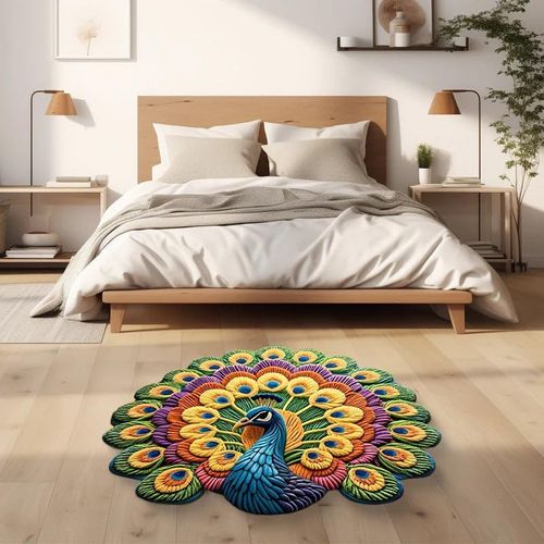 Decorative Peacock Floor Mat, Colourful Feather Design, Indoor Entrance Rug 39×39in