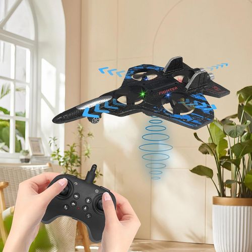 RC Airplane for Kids and Beginners, 2.4GHz Foam Drone Remote Control Airplane Outdoor Flying Toy, 360° Drop-Resistant Stunt Spin Remote Fighter Jet with Lights (Blue)
