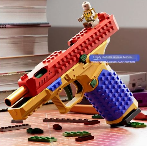 Glock-style DIY building block toy pistol SIG17 modelfeatures rapid-fire action and shell ejectiona STEM-style model kit for boys that fires soft foam darts.
