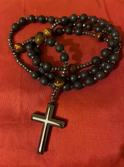 Rosary Style Black Volcanic Stone Yellow Tiger Eye Gallstone Cross Pendant