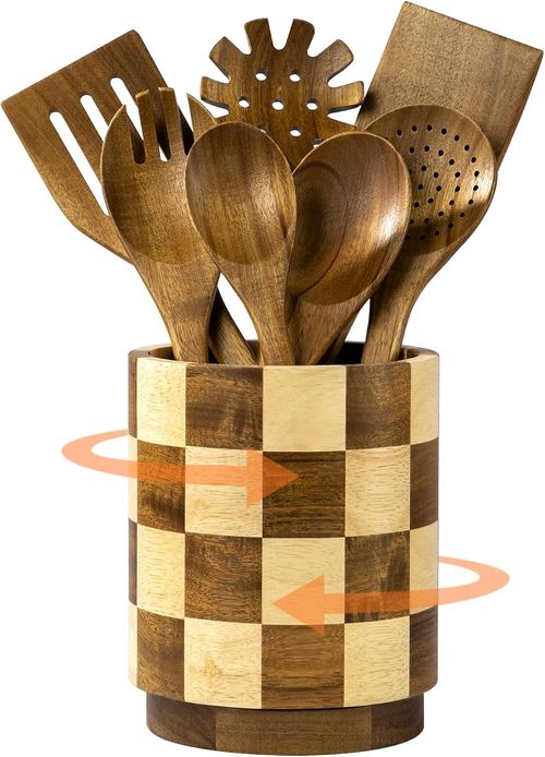 Wooden Utensil Holder, 360° Rotating Wood Kitchen Utensil Holder for Countertop, Large Utensil Holder for Kitchen