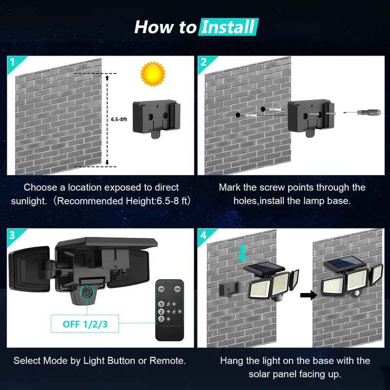 Solar outdoor lights, featuring three adjustable spotlights with dimming capabilities, and three modes of operation. They include motion detection and are waterproof, making them suitable for use in gardens, garages, porches, patios, yards, farms, chicken coops, barns, stables, and swimming pools.
