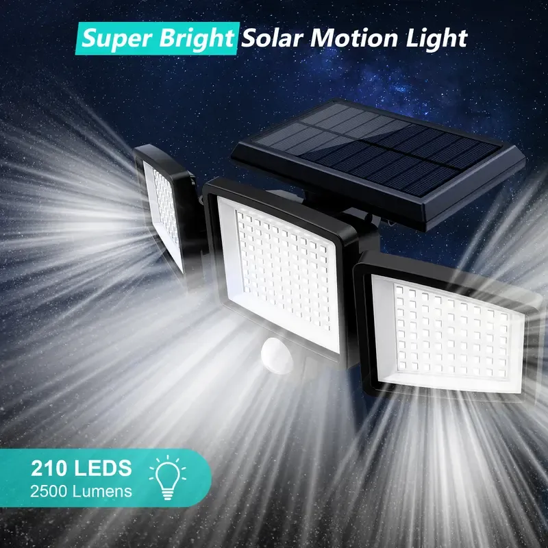Solar outdoor lights, featuring three adjustable spotlights with dimming capabilities, and three modes of operation. They include motion detection and are waterproof, making them suitable for use in gardens, garages, porches, patios, yards, farms, chicken coops, barns, stables, and swimming pools.