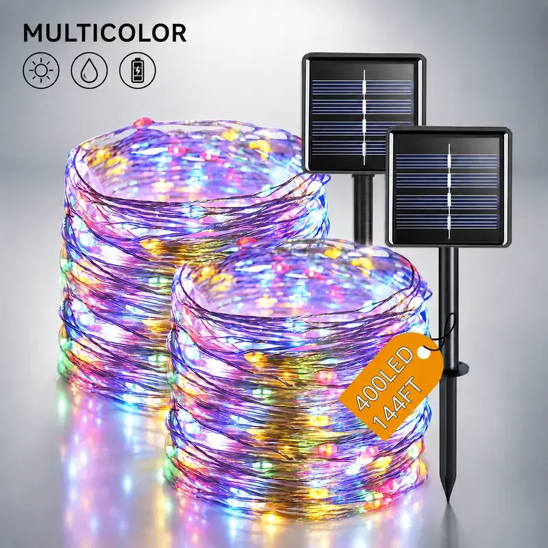 Power outage savior: Solar LED string lights – Buy one, get one free! Featuring 400 LED bulbs, totaling 144 feet in length. With 8 different modes, perfect for outdoor lighting. Powered by solar energy, so you don't have to worry about power outages. Comes with a remote control, ideal for Christmas, garden parties, and other festive occasions, creating a joyful and festive atmosphere