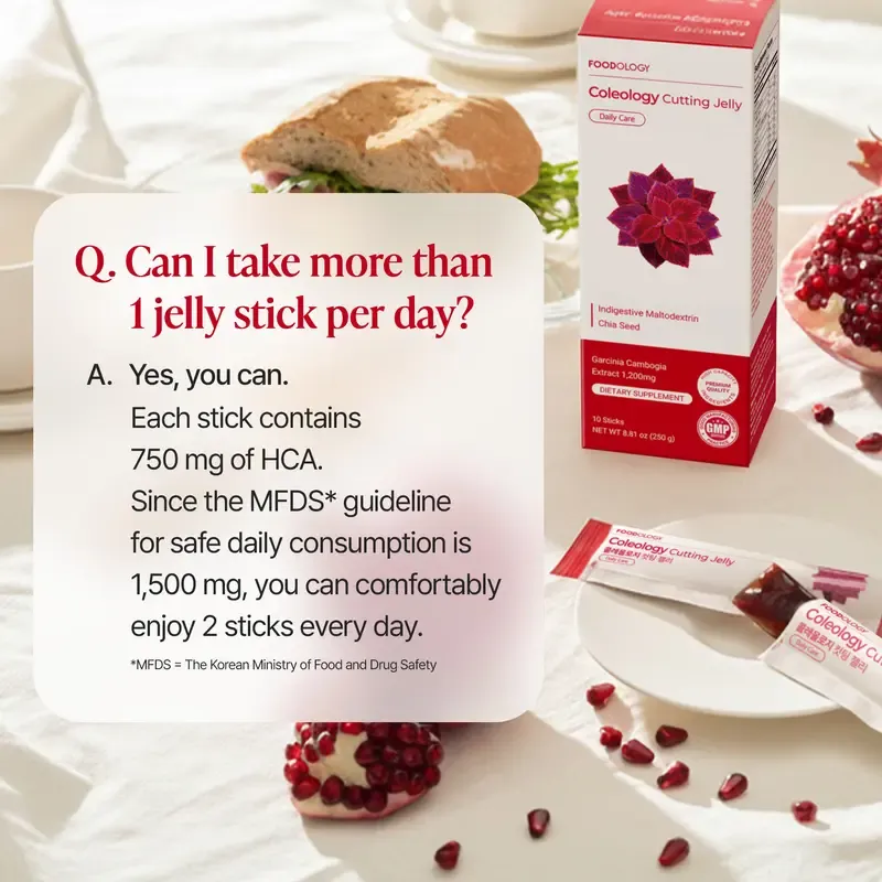 FOODOLOGY  Coleology Cutting Jelly   Garcinia Cambogia (HCA), Chia Seeds Collagen, Hyaluronic Acid, Pomegranate Flavored