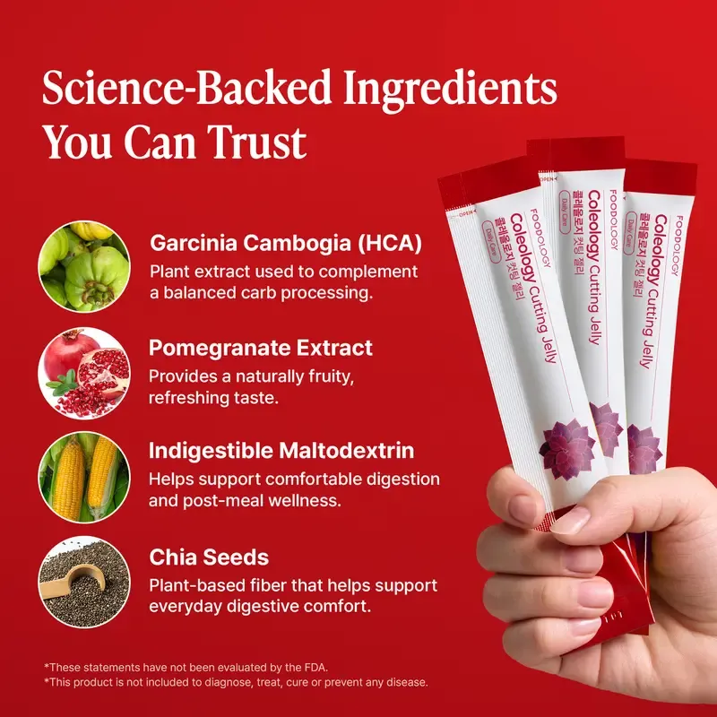 FOODOLOGY  Coleology Cutting Jelly   Garcinia Cambogia (HCA), Chia Seeds Collagen, Hyaluronic Acid, Pomegranate Flavored