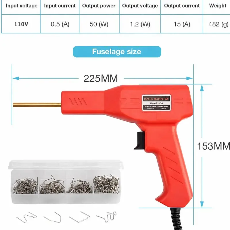 This handheld copper-plated plastic welding tool features an ergonomic design, making it lightweight and portable. It provides rapid heat-up and fast welding, with a simple and easy-to-use operation. It is suitable for bumper repair and is a useful tool for all plastic repair needs.