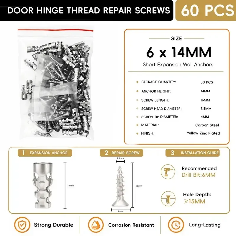 6x14mm Short Expansion Screws Set - 30Pack 60Pack Door Hinge Thread Repair Fixers for Home Users, Restoration of Cabinet & Tile Mounting (Millimeters Measurement), Wall Anchor
