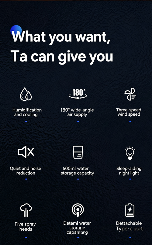 Portable USB-powered air cooling fan with 3 fan speeds and 5 spray modes, plus a night light, suitable for bedside tables and coffee tables.